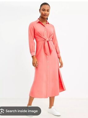 Loft Peach Pink Orange Knot Front Midi Shirtdress Size 12 Rayon